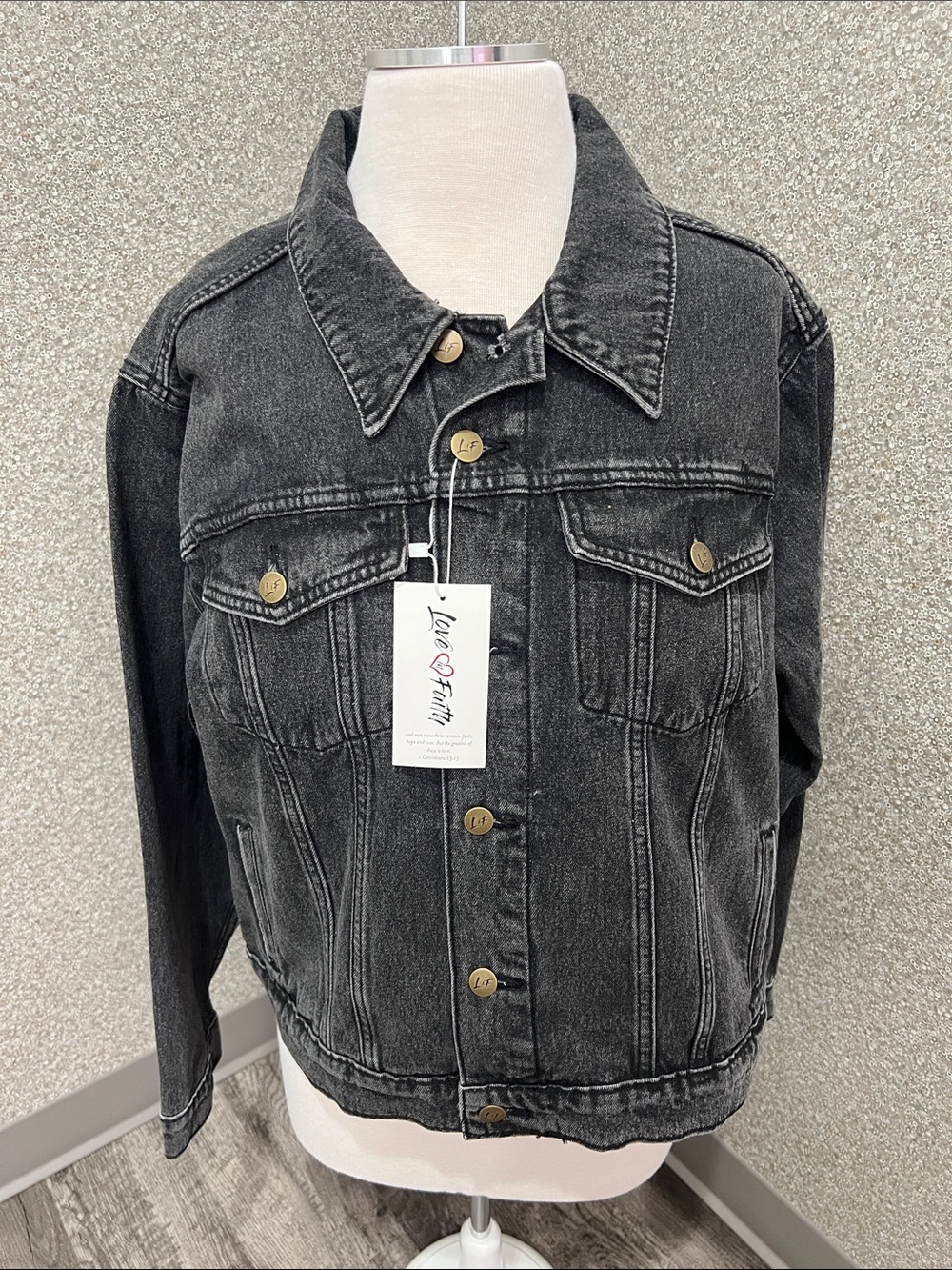 Vintage Love in Faith Black Acid Wash “Faith Over Fear” Denim Jacket New Size 2X